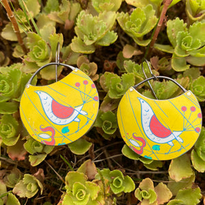 Mod Birds on Goldenrod Crescent Circles Upcycled Tin Earrings
