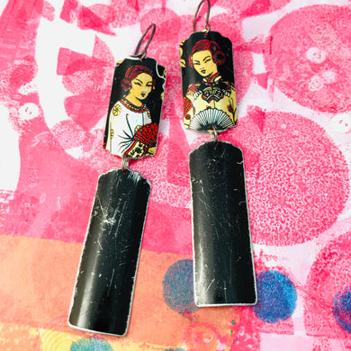 Courtesans Fancy Black Rectangles Recycled Tin Earrings