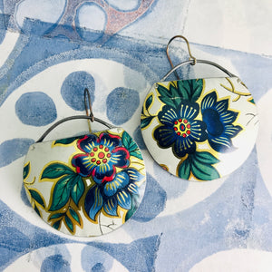 Vintage Blue Flowers Upcycled Circle Earrings