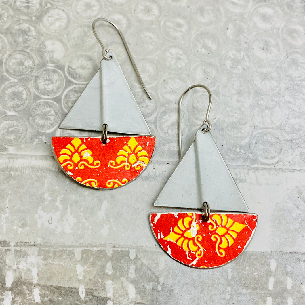 Vintage Scarlet & Gold Upcycled Tin Sailboat Earrings