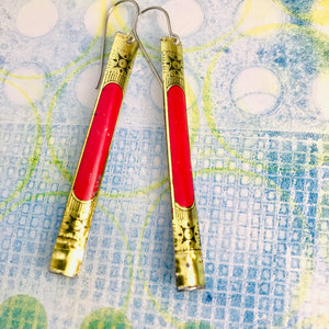 Deep Pink on Gold with Geometric Detail Long Narrow Tin Earrings