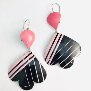 80s Soft Pink Lines on Black Trefoil Upcyled Tin Earrings