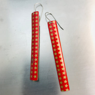 Tiny Gold Stars on Bright Red Long Rectangle Tin Earrings