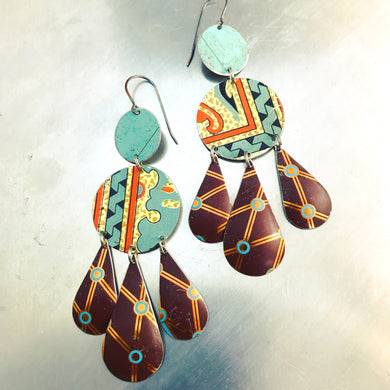 Chocolate and Mixed Aquas Zero Waste Tin Chandelier Earrings