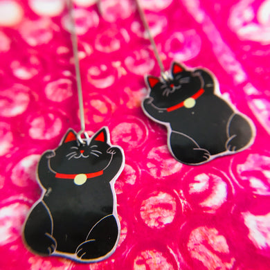 Little Lucky Cats in Black Upcycled Tin Earrings