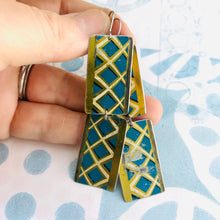 Load image into Gallery viewer, Creamy Lattice on True Blue Rectangles Tin Earrings
