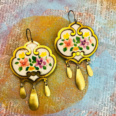Golden Vignette of Blossoms Tin Chandelier Earrings