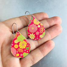 Load image into Gallery viewer, Tiny Flowers on Cerise Pink Upcycled Teardrop Tin Earrings adaptive reuse jewelry