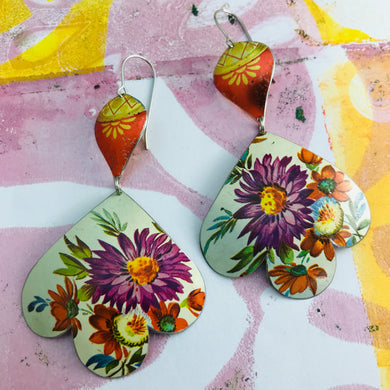 Purple & Red Flowers Trefoil Upcyled Tin Earrings