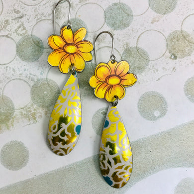 Yellow Flowers Upcycled Teardrop Tin Earrings