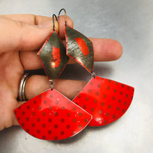 Load image into Gallery viewer, Gunmetal Diamond &amp; Scarlet Polka Dotted Fans Upcycled Tin Fan Earrings