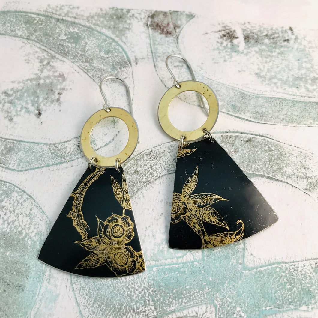 Golden Flowers in Black Small Fans Tin Earrings