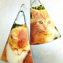 Load image into Gallery viewer, Melancholy Kittens Upcycled Vintage Tin Long Fans Earrings