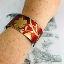 Load image into Gallery viewer, Golden Cherry Blossoms on Scarlet Upcycled Tin Cuff