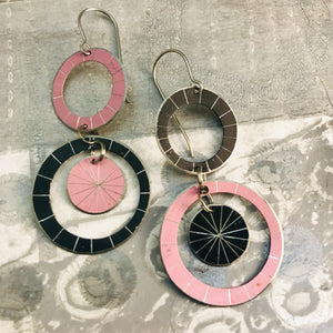 Black & Pale Pink Silver Starburst Multi Circles Upcycled Tin Earrings