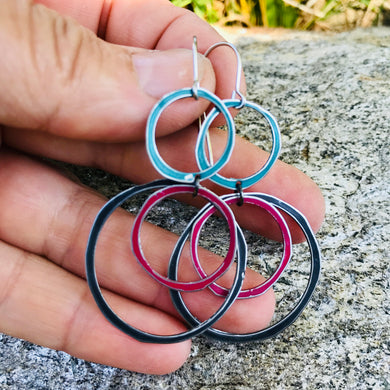 Teal, Cerise & Midnight Circle Scribbles Upcycled Tin Scribble Earrings