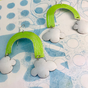 Chartreuse Green Etched Rainbows with Puffy Clouds Upcycled Tin Earrings