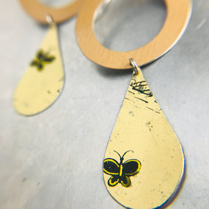Golden Ring & Black Butterfly Tin Long Teardrops Earrings