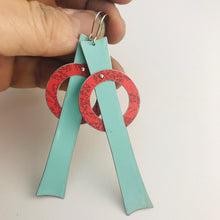Load image into Gallery viewer, Mod Aqua Red Orbit Upcycled Tin Earrings