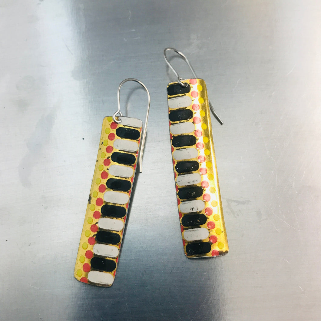 Dots & Dashes on Gold Narrow Rectangle Tin Earrings