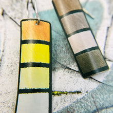 Load image into Gallery viewer, Sketchy Yellows &amp; Grays Squares Rectangle Tin Earrings
