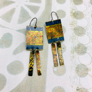 Antique Gold & Blue Windows Upcycled Tin Earrings