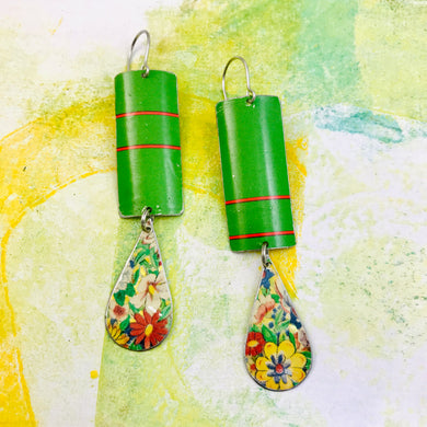 Green Rectangles and Flowery Teardrops Tin Earrings
