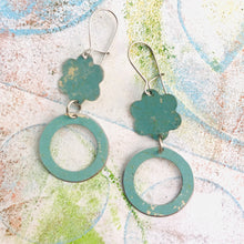 Load image into Gallery viewer, Soft Aqua Upcycled Flower and Ring Tin Earrings