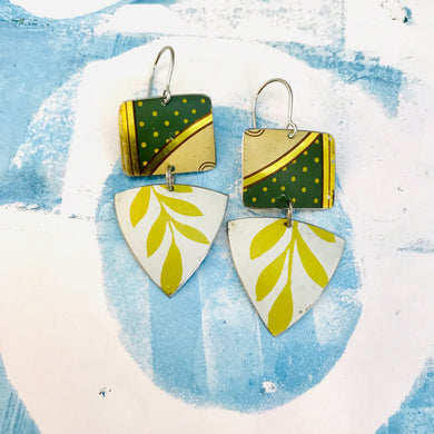 Green Polka Dot Squares & White Tourmaline Tin Earrings