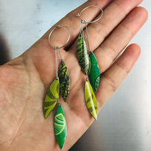 Load image into Gallery viewer, Falling Leaves in Mixed Greens Upcycled Tin Earrings by Christine Terrell for adaptive reuse jewelry