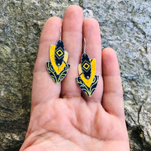 Load image into Gallery viewer, Pop of Orange Yellow Reuleaux Triangle Upcycled Teardrop Tin Earrings