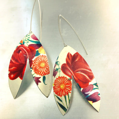 Red Red Flowers Upcycled Tin Double Leaf Earrings