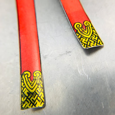 Coral with Golden Geometric Detail Long Narrow Tin Earrings