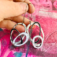 Load image into Gallery viewer, Whites and Black Smaller Scribbles Upcycled Tin Earrings