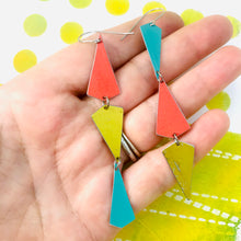Load image into Gallery viewer, Gold, Turquoise &amp; Coral Small Narrow Kites Recycled Tin Earrings
