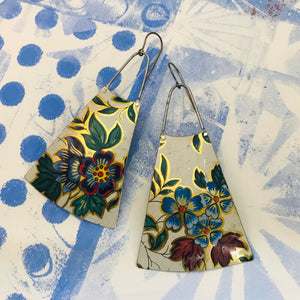 Mixed Blue Vintage Flowers Upcycled Tin Long Fans Earrings
