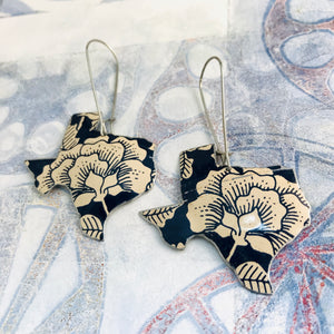 Ecru Blossoms on Midnight Blue Texas Upcycled Tin Earrings