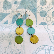 Load image into Gallery viewer, Aqua, Goldenrod &amp; Moss Tri-dot Upcycled Tin Earrings