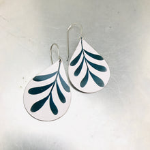 Load image into Gallery viewer, Mod Leaves on White Upcycled Teardrop Tin Earrings