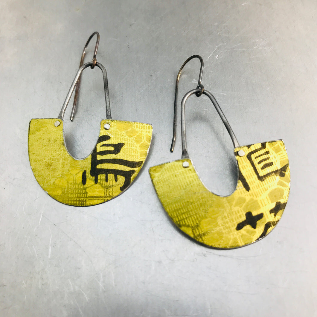 Lacey Yellow Chinese Characters Little Us Upcycled Tin Earrings