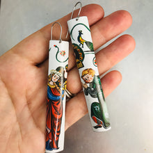 Load image into Gallery viewer, Lord and Lady in Red Long Narrow Tin Earrings