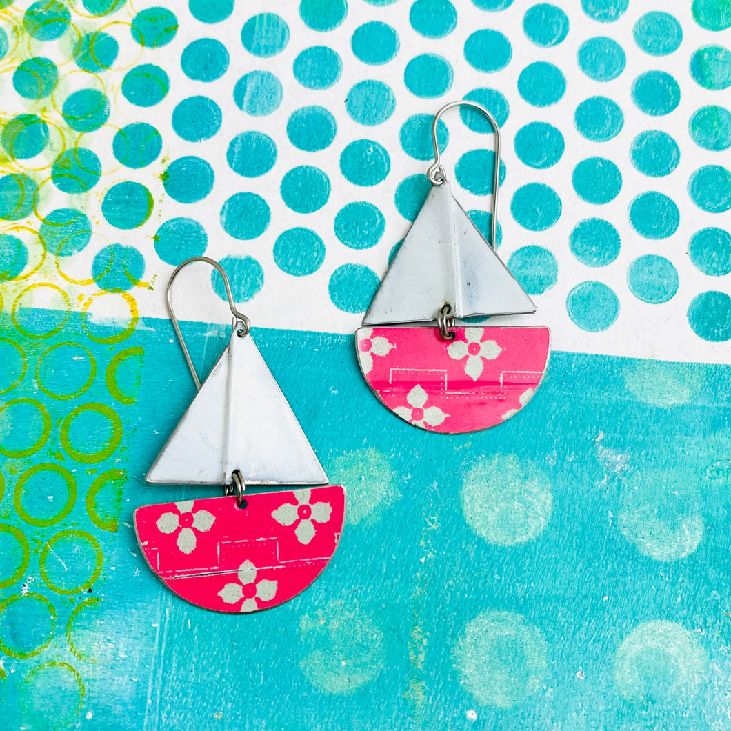 Pale Mint Flowers on Cerise Upcycled Tin Sailboat Earrings