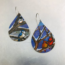 Load image into Gallery viewer, Winter Birds Upcycled Teardrop Tin Earrings