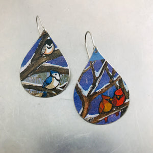 Winter Birds Upcycled Teardrop Tin Earrings