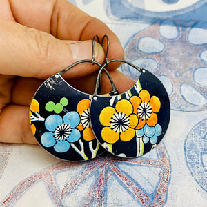Big Blossoms On Midnight Blue Circles Upcycled Tin Earrings