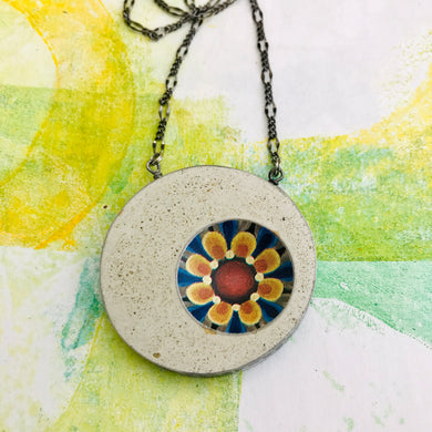 Golden Sun & Flower Reversible Concrete & Tin Necklace