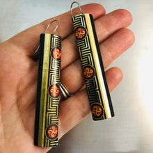 Load image into Gallery viewer, Black, Gold &amp; Red Maze Pattern Long Rectangle Tin Earrings