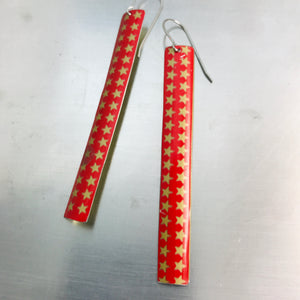 Tiny Gold Stars on Bright Red Long Rectangle Tin Earrings