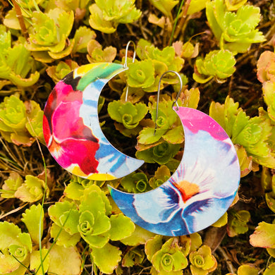 Pansies Big Moons Upcycled Tin Earrings