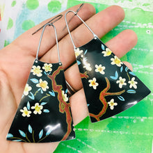 Load image into Gallery viewer, Cherry Blossom on Midnight Upcycled Tin Long Fans Earrings